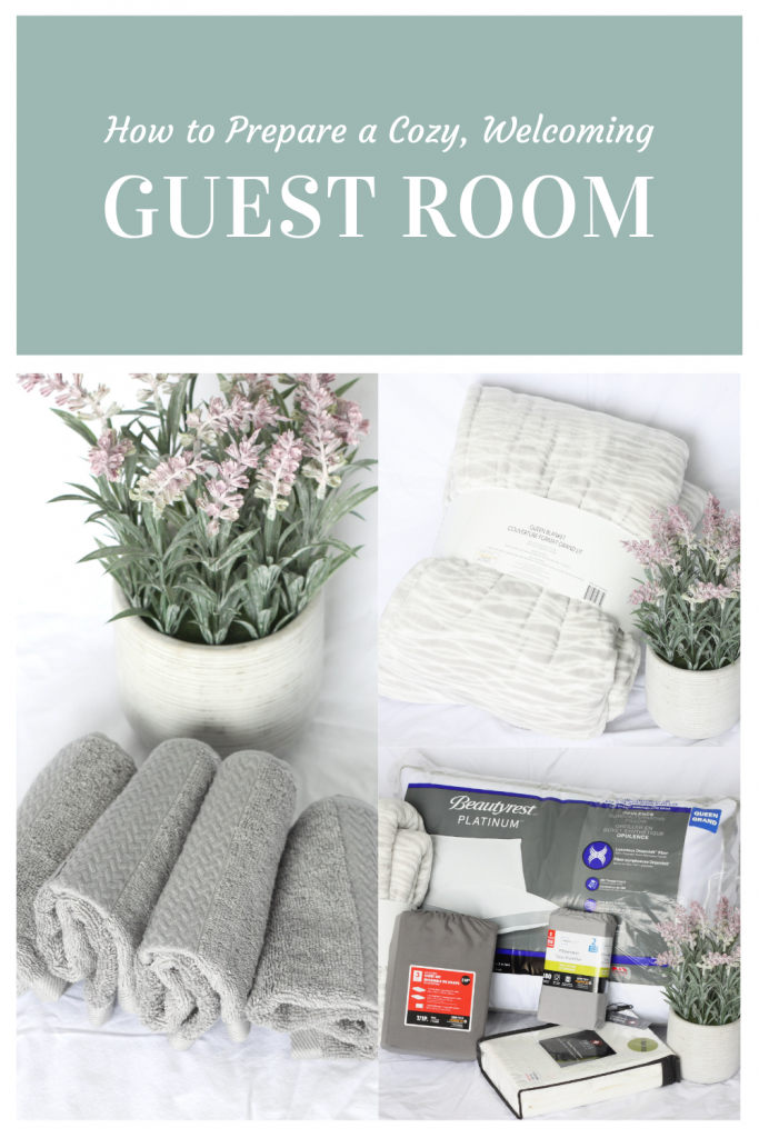 Three collage pictures of guest room, grey blanket, grey towels and bed linens