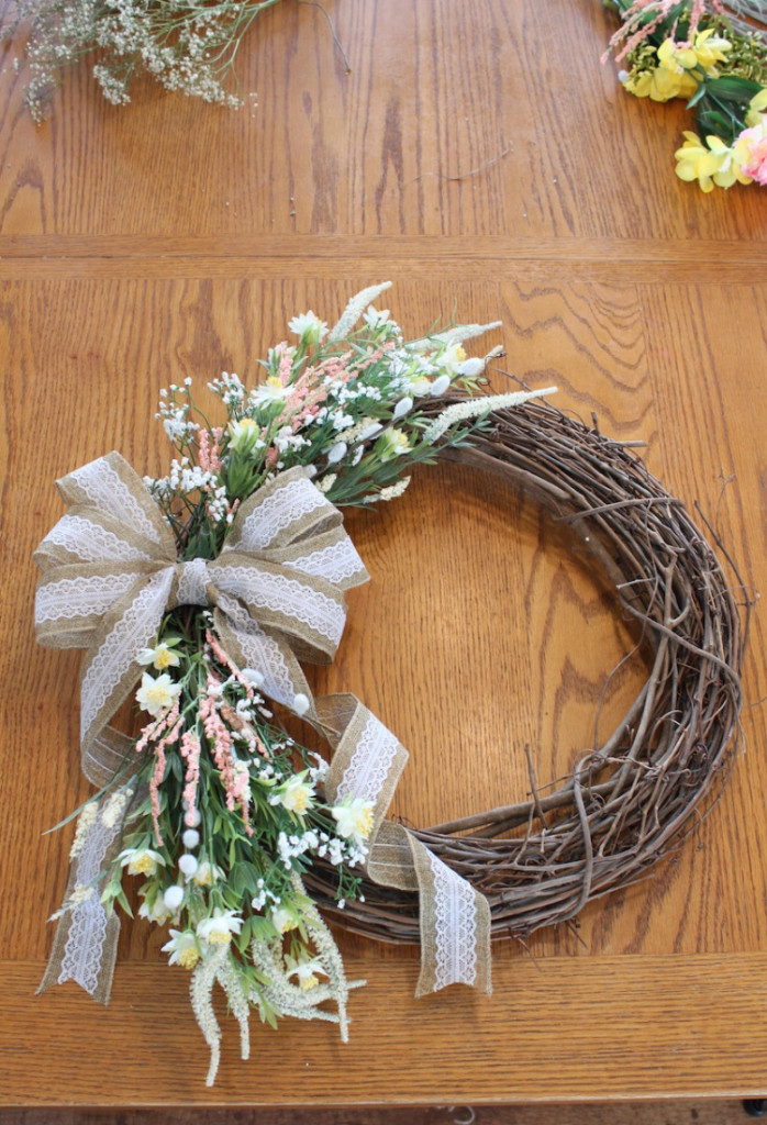 A finished wreath in How to Make a Spring Wreath