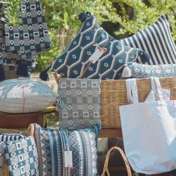 Blue bags, pillow and wicker home decor items