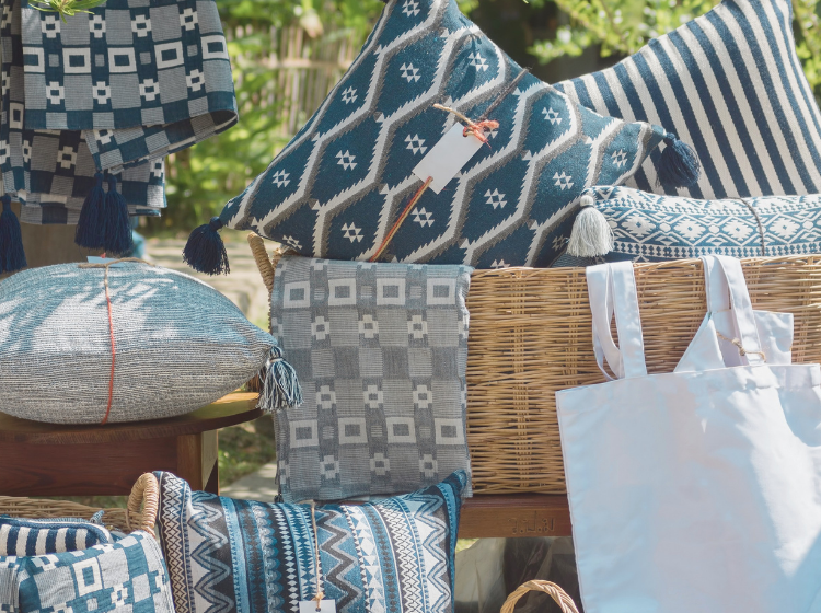 Blue bags, pillow and wicker home decor items