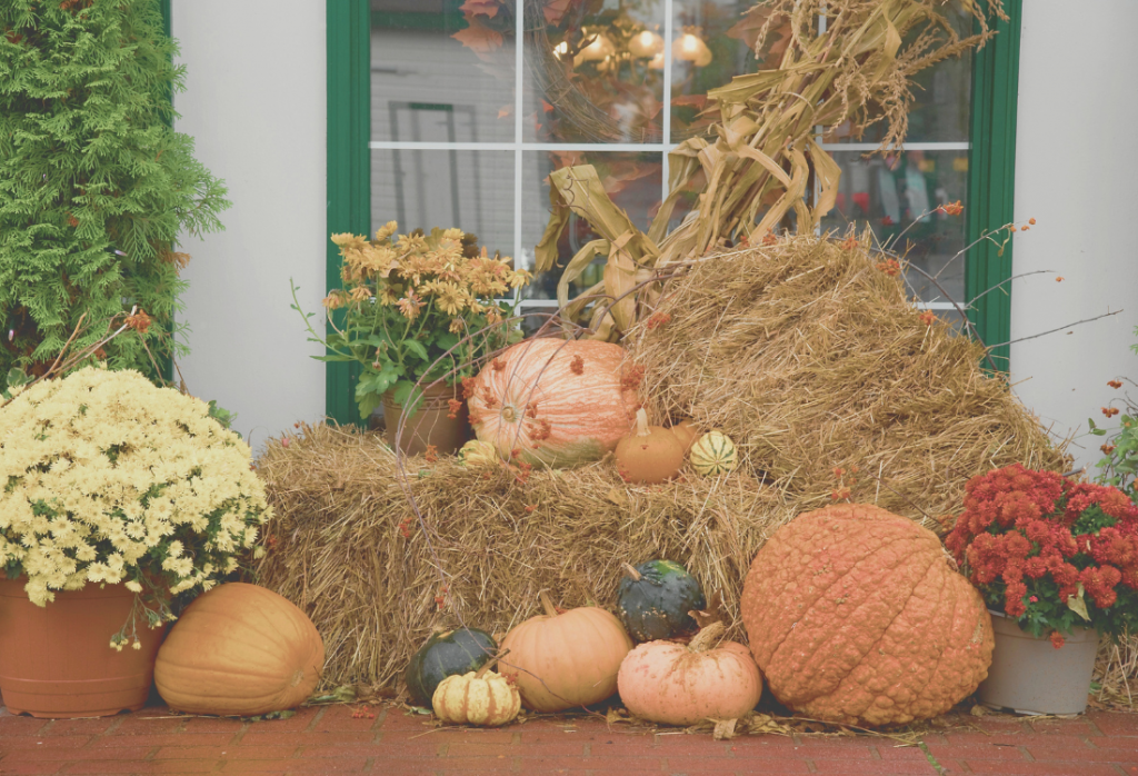 Outside fall home display with pumpkins and flowers